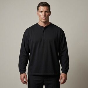 NWT SKIMS Mens Relaxed Henley Jersey Lounge Long Sleeve Shirt Obsidian Black 5X